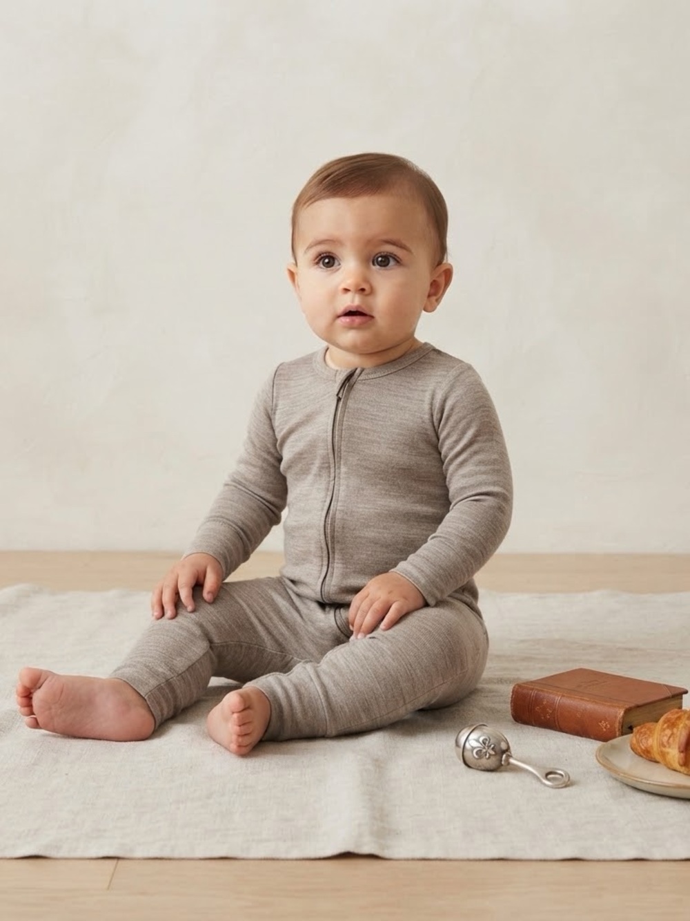 H&M 100% Washable Wool Beige Melange Long Sleeve Zipper Jumpsuit